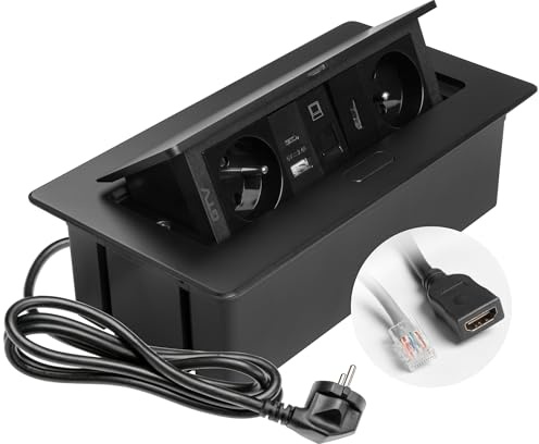 GTV – Inbyggt uttag MULTISOFT svart med 2 x uttag med jordning, USB A+C, RJ45, HDMI 2.0, infällbar med lock, 1,5 m kabel, perfekt för kök, kontor eller konferensbord