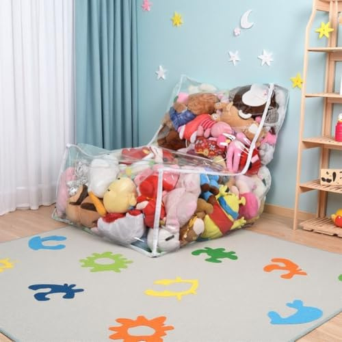 Funda Grande Transparente for puf, Ideal for Guardar Peluches, de PVC, Impermeable, con Cremallera, Organizador de Juguetes, sofá, sillón.(65x80x80cm)