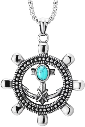 COOLSTEELANDBEYOND Herrhalsband med nautiskt ankare hänge i stål med roderhjul och turkos sten havssmycken