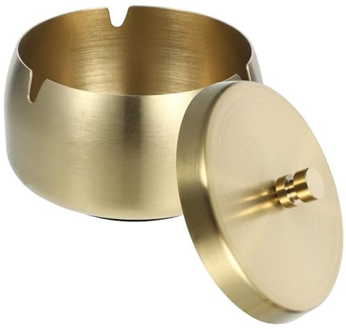 TOYANDONA Cenicero de Acero Inoxidable con Tapa Antigolpes y Resistente al Viento Tamaño Mediano 10 CM Color Dorado Accesorio Doméstico para Hogar y Oficina Cenicero de Mesa Funcional y