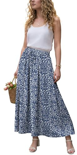 GRECERELLE Jupe d'été longue pour femme - Style bohème - Ligne trapèze - Élégante - Longue jupe fluide - Avec poche - Légère et aérée, Fleur bleue et blanche, XL