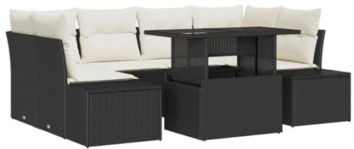 HETFTJN Set di mobili da giardino in polyrattan, 7 pezzi, nero e crema, gruppo lounge modulare con tavolo regolabile in altezza, divano angolare e panche per giardino e terrazza