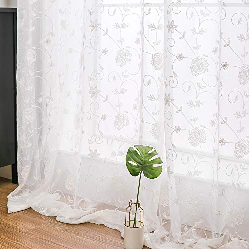 MIULEE Vorhänge mit Blumen Stickerei Muster, Gardinen Weiß für Wohnzimmer, Schlafzimmer Vorhang Transparent mit Ösen, 2er Set Voile Durchsichtig Vorhänge, Jeder H 145 X B 140cm