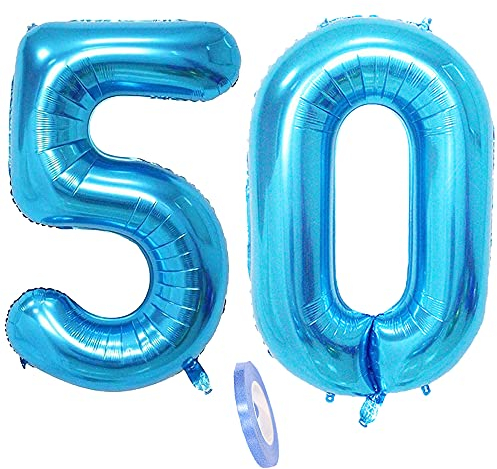 Ballons Numéro 50, Ballon 50 Ans Anniversaire Bleu XXXL 100cm Blue Géant Ballon Figurines Gonflable Hélium Feuille Chiffres Deco Pour Femme Homme La Décoration De Fête Mariage D'anniversaire