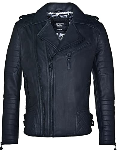 Infinity Leather Chaqueta Negra para Hombre de Diseño Acolchada de Cuero Chaqueta Casual de Motociclista Brando 5XL