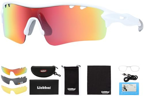 Liekkas Lunettes de soleil de sport polarisées pour homme et femme avec 3 verres interchangeables pour course à pied, cricket, VTT, vélo - Blanc et orange