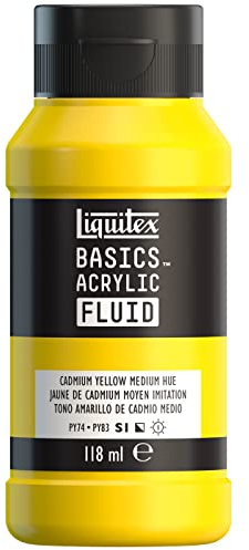 Liquitex 8870382 Basics Fluid - Peinture acrylique à consistance fluide, à séchage rapide, résistante à la lumière, imperméable, à base d'eau, Flacon de 118 ml, Jaune de Cadmium Moyen Imitation
