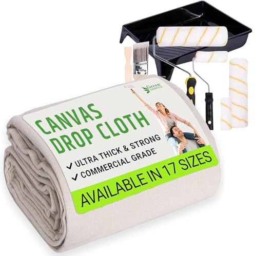 All Purpose Canvas Drop Cloth 4x12, Canvas Tarp for Painting, Bundle with Painting Tool Kit with Roller Covers, Roller Frames, Brushes and Tray for Household Painting, Cabinets and Crafts (11-Piece)
