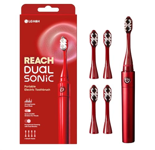 Reach Dual Sonic Electric Toothbrush, 1 Handle 4 Toothbrush Heads, 2 Brushing Modes Strong & Gentle, Portable Travel Toothbrushes Adults, 27000 VPM with AAA, up to 150 Hours Last, Red