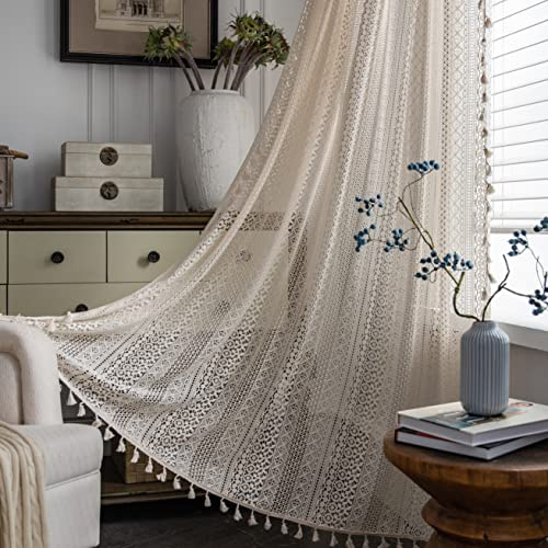 Sutuo Home Cortinas Bohemias Beige de Encaje de Ganchillo semitransparentes Bohemias con borlas Hechas a Mano, Bolsillo para Barra, Cortinas rústicas Vintage para Puerta corredera de Cristal, 1 Panel