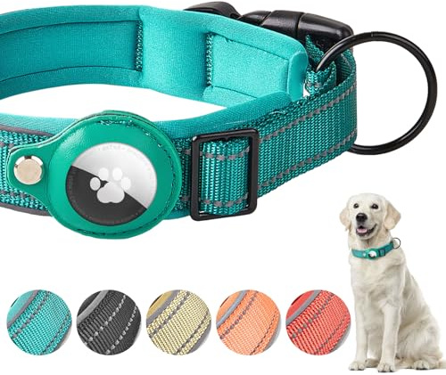 Boloshine Collar de Perro Reflectante Acolchado para Apple AirTag, Ajustable Táctico Nailon para Perros Pequeño, Mediano y Grande (Cian, S)