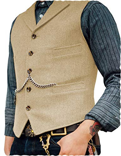 AeoTeokey Classic Mens Wool Tweed Suit Vest Casual Sleeveless Jacket Herringbone Waistcoat for Tuxedos(Champagne,4XL
