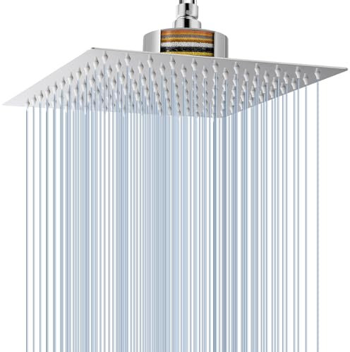 Voolan Soffione Doccia a Pioggia con Filtro, Soffione Doccia a Pioggia Grande ad Alto Flusso in Acciaio Inossidabile, Filtro per Soffione Doccia a Cascata per Acqua Dura (25cm Cromato)