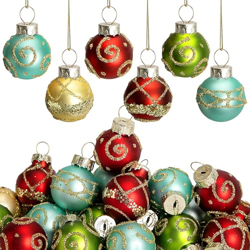 Watayo Lot de 24 Mini Boules de Noël Multicolores en Verre – Mini Boules décoratives Vintage Scintillantes à Suspendre pour Sapin – Rouge, Vert, doré, Bleu – Décoration de Noël pour décoration