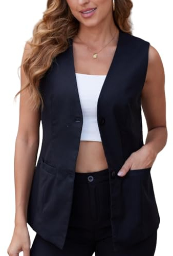 YOUNIFIZ Gilet lungo da donna in lino, senza maniche, con scollo a V, tasca con bottoni, casual, leggero, Nero , S