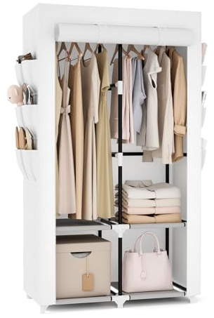 VTRIN Portable Closet Wardrobe Closet for Hanging Clothes with 4 Storage Shelves, 2 Hanging Rods and 6 Pockets, Stable and Easy Assembly Clothes Rack with Cover Free Standing Closet White