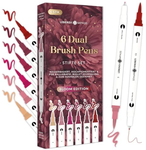 LEBENSKOMPASS® Brush Pen Set Bloom - 6 Pinselstifte in Rot- und Rosatönen - Brushpens für Handlettering, Ausmalen & Bullet Journal - Dual Tip Stifte mit feiner & flexibler Spitze