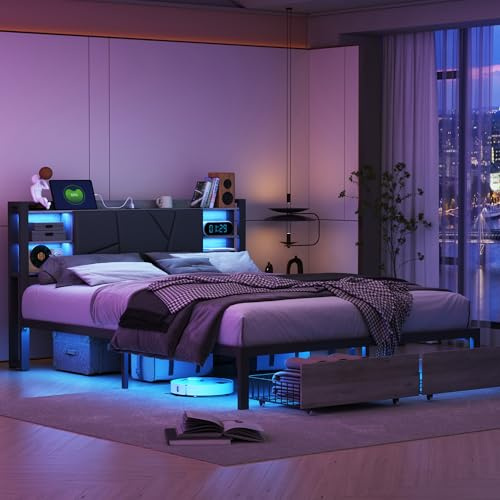 BRILVERDE Cama Acolchada de 140 x 200 cm, Cama Doble LED con 2 cajones, cabecero de Almacenamiento con función de Carga USB, Marco de Metal Estable, Cama Juvenil, Piel sintética, Color Negro
