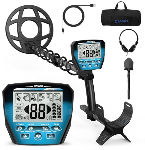 OMMO Detecteur de Metaux Professionnel pour Adultes, Détecteur de Métaux Rechargeable USB, 6 Modes, Haute Précision, IP68 Détecteur de Métaux à Bobine étanche avec Pelle, Bleu