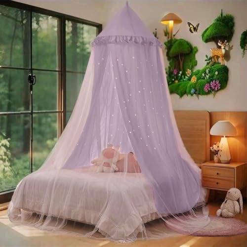 Eimilaly Prinzessin Bett Baldachin für Mädchen, Doppelte Lage Baldachin mit Cutout Sterne, atmungsaktiv & waschbar Stoff, passt Twin/volles Bett - Fairy Bett Zelt für Kinderzimmer Dekoration, violett