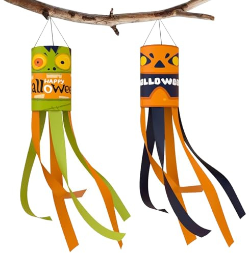 FOSDICK 2 Mangas de Viento Fantasma de Halloween Reutilizable, Verde y Amarillo, 100cm, con Texto 'Feliz Halloween', Poliéster, Decoración Colgante al Aire Libre para Familias