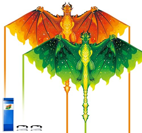 Simxkai - Aquilone a drago per bambini dai 8 ai 12 anni, adulti, facile da far volare per principianti, grande aquilone a linea singola verde e arancione