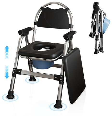 YOGFWV Sedia Comoda WC per Anziani Pieghevole, Regolabile in Altezza Sedia WC con Imbottito e Secchio Rimovibile, Antiscivolo Sedia per Doccia Portata Fino a 200 kg per Disabili, Donne in Gravidanza