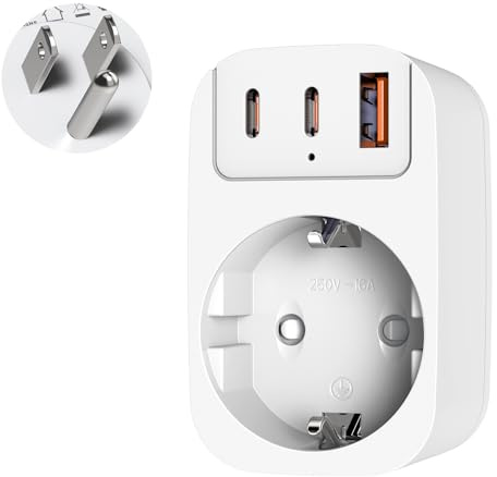 Adaptador Enchufe Europeo a Americano, Adaptador de Viaje USA Mini Cargador Americano Viaje con 2 USB-C y 1 USB-A, Enchufe Tipo B para EE.UU. México, Canadá, Colombia, Haití, Perú, Tailandia