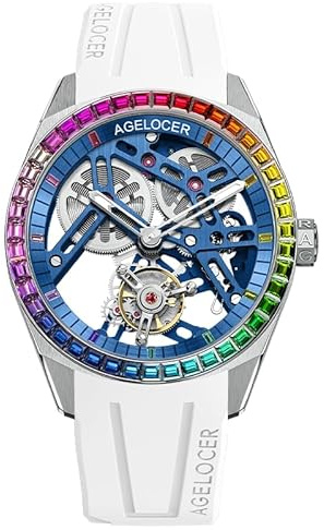 AGELOCER Men's Tourbillon-Rainbow Gemstone Bezel Watch for Men, 80H Power Reserve,Sapphire Glass, Skeleton Luminous Dial, 316L Stainless Steel & Rubber Strap+Free Winder (9104K10)