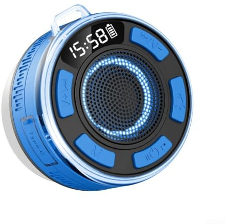 Altoparlante da doccia Bluetooth, altoparlante portatile wireless Bluetooth, microfono integrato IPX7 impermeabile, suono a 360°, luci RGB e radio FM con ventosa (blu)