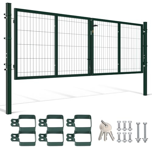 Peviasot Portail de jardin - 300 x 100 cm - Double battant - En acier galvanisé - Avec poignée, serrure et 3 clés - Robuste - Vert