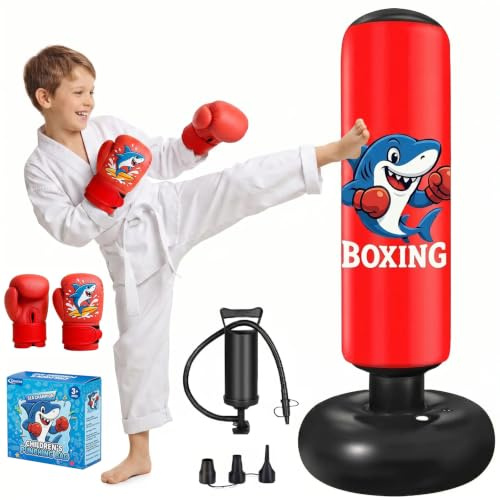 Qoosea Saco de Boxeo Niños 3-8 Años Saco de Boxeo de Pie con Bomba de Aire y Guantes de Boxeo, Bolsa de Boxeo Inflable Estable para Karate, Kickboxing, MMA, Regalo Ideal para Niños y Niñas | Bolsa independiente con diseño de dinosaurio para edades de 3 a 8 años, PVC seguro y duradero con bomba de aire incluida