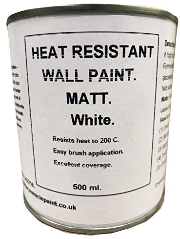1 x 500ml Matt White Heat Resistant Wall Paint. Wood Burner Stove Alcove. Brick, Concrete, Plaster, Cement Board, Rendering, Metal, Timber etc.
