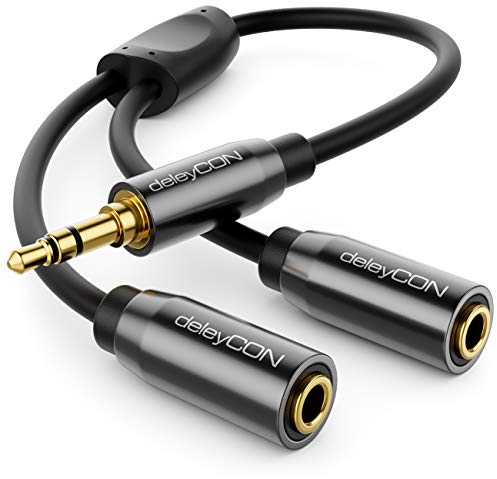 deleyCON 0,20m Trinquetes de Audio Y Divisor Cable Cable Adaptador Y AUX Enchufe de 3,5mm al Enchufe de 2X 3,5mm - Jack Estéreo de 3,5mm