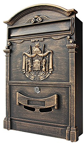 Melko Briefkasten Retro Vintage Gold mit A4 Einwurf-Format Wandbriefkasten Patina mit Namensschild und Sicherheitsschloss