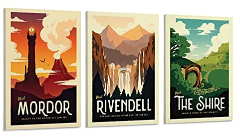 KKMM Herr der Ringe Retro-Reiseposter – Set mit 3 Stück – LOTR Vintage-Poster, dekoratives Gemälde, Leinwand, Wandkunst, Wohnzimmer, Poster, Schlafzimmer, Gemälde, 20 x 30 cm, 3 Stück