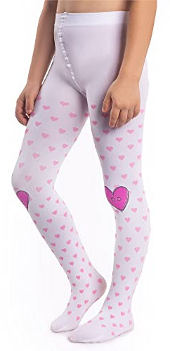 NOQ Collant Opachi per Bambine con Cuori Sì/No 120 DEN per Danza, Ginnastica, Scuola, Collant Fantasia per Asilo, White, 6-7 Years