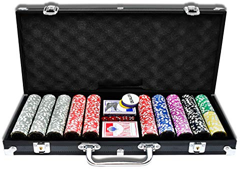 YUENFONG Set da poker con 500 chip laser di alta qualità, con 2 poker da poker e 5 dadi, 1 bottone Dealer Button, 2 chiavi, valigetta in alluminio (nero)