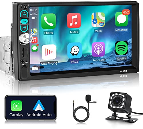 Bilradio med Apple Carplay, 1 Din, med bluetooth, handsfree, 7 tum stor pekskärm med IOS/Android Mirror Link, FM/USB/AUX, mikrofon, rattkontroll + backkamera