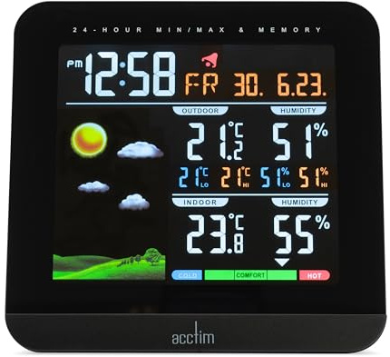 Acctim Wyndham 6 in 1 Barometric Weather Station with Outdoor Sensor Temperature Humidity VA Display Black