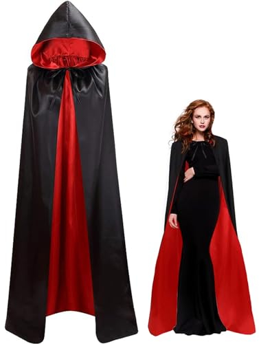 Halloween Vampir Kostüm Erwachsene Satin Umhang mit Kapuze 150CM/170CM Doppelseitig Vampir Umhang Damen für Halloween Karneval Mittelalter Kostüm Party(L)