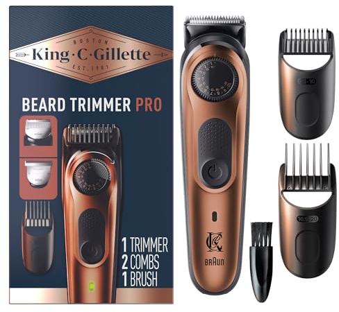 King C. Gillette Beard Trimmer PRO with 40 beard length settings in precise 0.5mm steps, cordless design & 1 trimmer, 1 brush, 2 combs, 1 charger and 1 T-blade