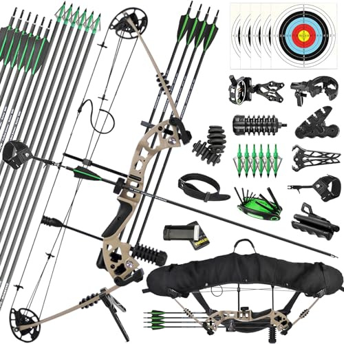 ZSHJGJR Set Arco Compound adulti 10-72 libbre Tiro con l'arco compound Arco Kit Compound Arco composto composito Arco da Caccia e Principianti Destrimane Mancinismo (Grigio Deserto, Destrimane)