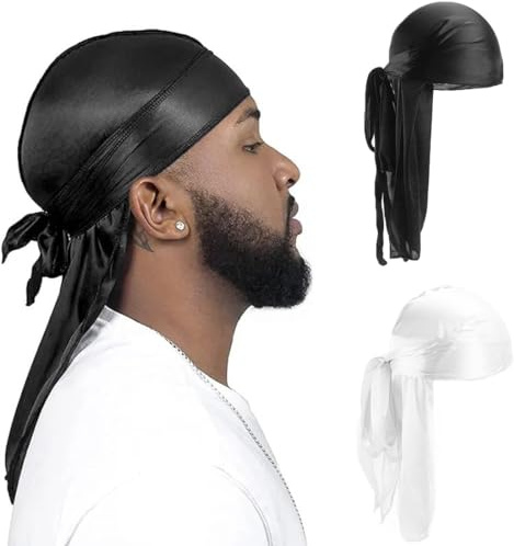 CISKHQR 2 Piezas Durag de Seda Gorro de Onda Elástico Envoltura de Cabeza con Cola Larga Correas Anchas Unisex Poliéster Turbante Sedoso Durag de Onda Transpirable Pirata Cap de Hombres Mujeres