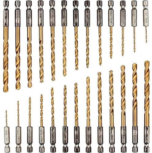 Xrten 26 Piezas Brocas de Acero de Alta Velocidad, Broca Helicoidal de 1.5-6.5 mm, Juego de Brocas Vástago Hexagonal, Brocas Multiusos con Revestimiento de Titanio, para Metal, Madera y Plástico