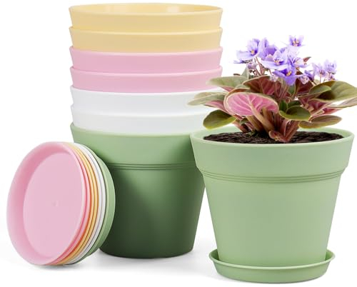 Homeuouz Lot de 8 pots de fleurs avec soucoupe, 10 cm, en plastique, avec plusieurs trous de drainage, pot hydroponique, idéal pour l'intérieur et les jardins de balcon, couleur