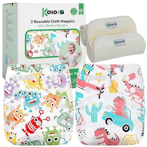 Kolo pañales reutilizables - juego de pañales de tela lavable: 2 pañales de tela ajustables lavables con 2 inserciones de bambú. Pañales de tela 100% ecológicos