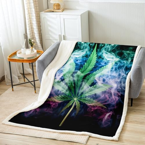 Castle Fairy Marijuana Leaf Sherpa Blanket Misty Cannabis Leaf Throw Blanket Wild Weed Plant Fleece Blanket Gothic Nature Plants Bed Blanket Size for Home Bedroom Sofa Bed