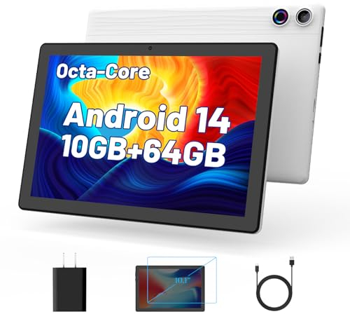 Yicty Android 14 Tablet, 10,1 Zoll Touchscreen Tablet 1280,800 IPS HD, Octa-Core Processor, 10GB RAM und 64GB ROM (Erweiterung auf 1TB), 5G/2.4G WiFi, BT 5.0, Doppelkamera 5MP+8MP (weiß)