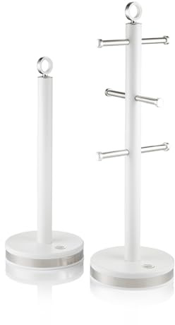 Swan Serenity Kitchen Towel Pole and 6 Cup Mug Tree Set with Smooth Matte Finish, Stainless Steel Accents and Non-Slip Bases, White